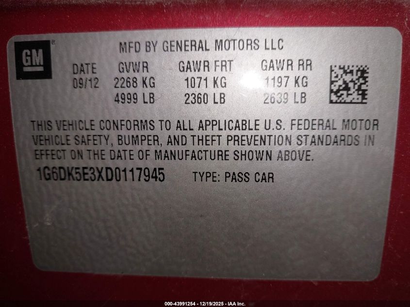 2013 Cadillac Cts Performance VIN: 1G6DK5E3XD0117945 Lot: 43991254