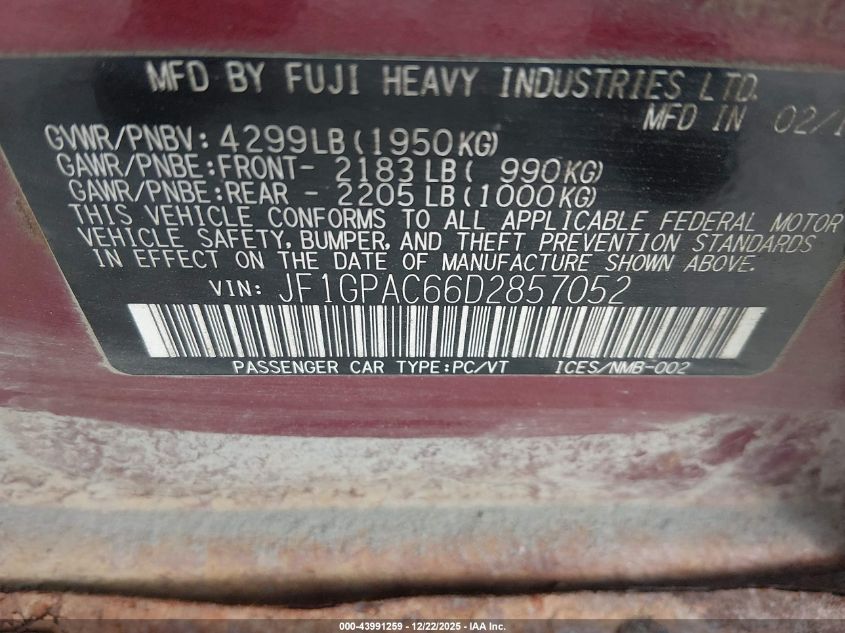 2013 Subaru Impreza 2.0I Premium VIN: JF1GPAC66D2857052 Lot: 43991259