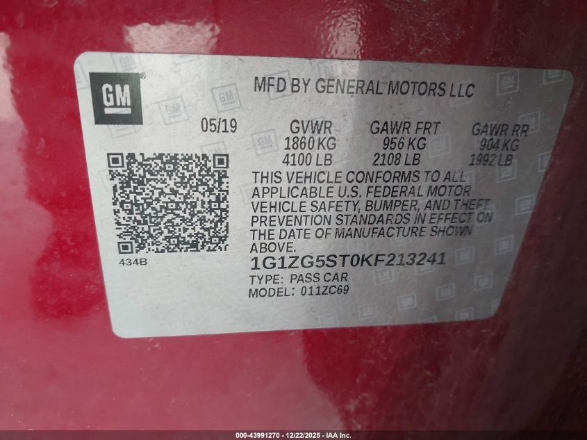 2019 Chevrolet Malibu Rs VIN: 1G1ZG5ST0KF213241 Lot: 43991270