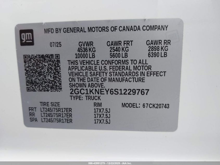 2025 Chevrolet Silverado 2500Hd 4Wd Standard Bed Lt VIN: 2GC1KNEY6S1229767 Lot: 43991279