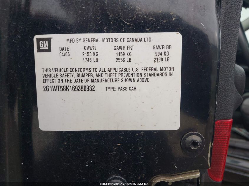 2006 Chevrolet Impala Lt VIN: 2G1WT58K169380932 Lot: 43991282