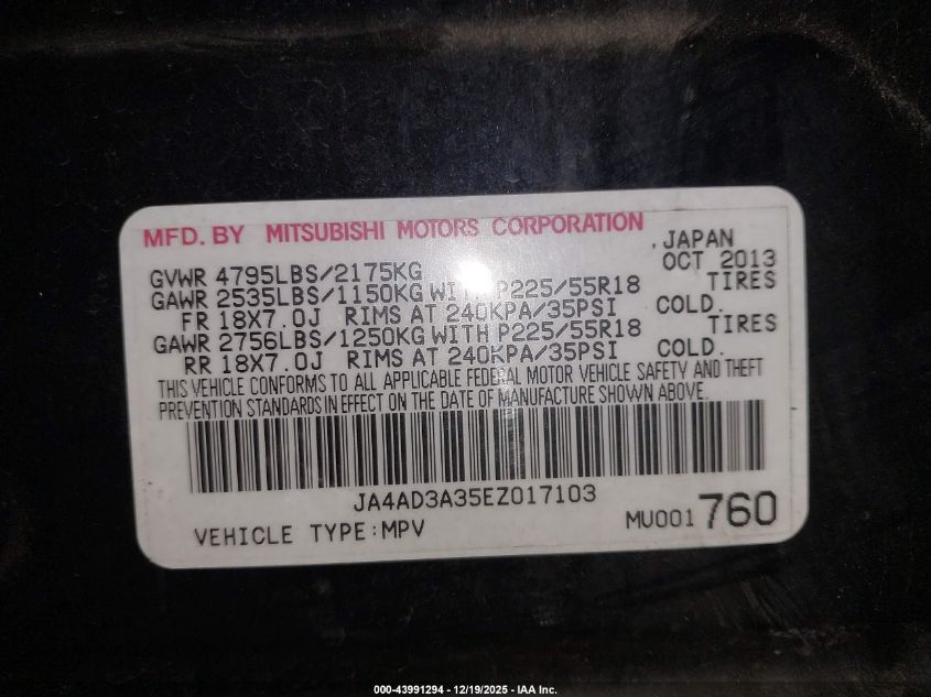 2014 Mitsubishi Outlander Se VIN: JA4AD3A35EZ017103 Lot: 43991294