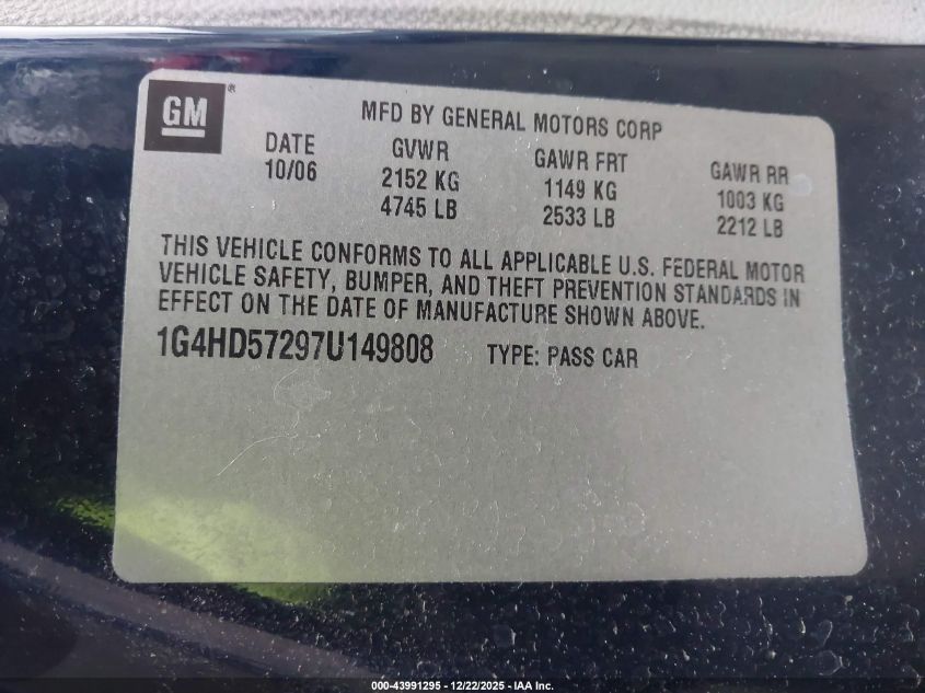 2007 Buick Lucerne Cxl VIN: 1G4HD57297U149808 Lot: 43991295