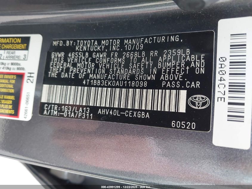 2010 Toyota Camry Hybrid VIN: 4T1BB3EK0AU118098 Lot: 43991299