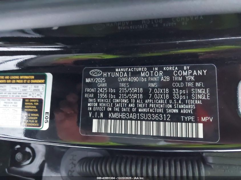 2025 Hyundai Kona Sel VIN: KM8HB3AB1SU336312 Lot: 43991304