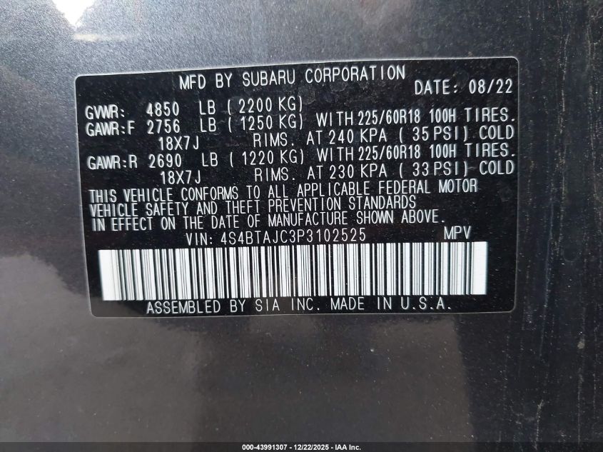 2023 Subaru Outback Onyx Edition VIN: 4S4BTAJC3P3102525 Lot: 43991307