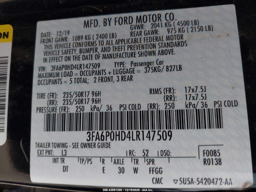 2020 Ford Fusion Se VIN: 3FA6P0HD4LR147509 Lot: 43991308