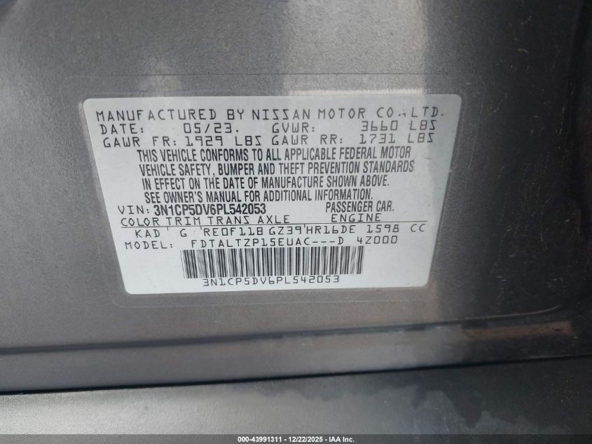 2023 Nissan Kicks Sr Xtronic Cvt VIN: 3N1CP5DV6PL542053 Lot: 43991311