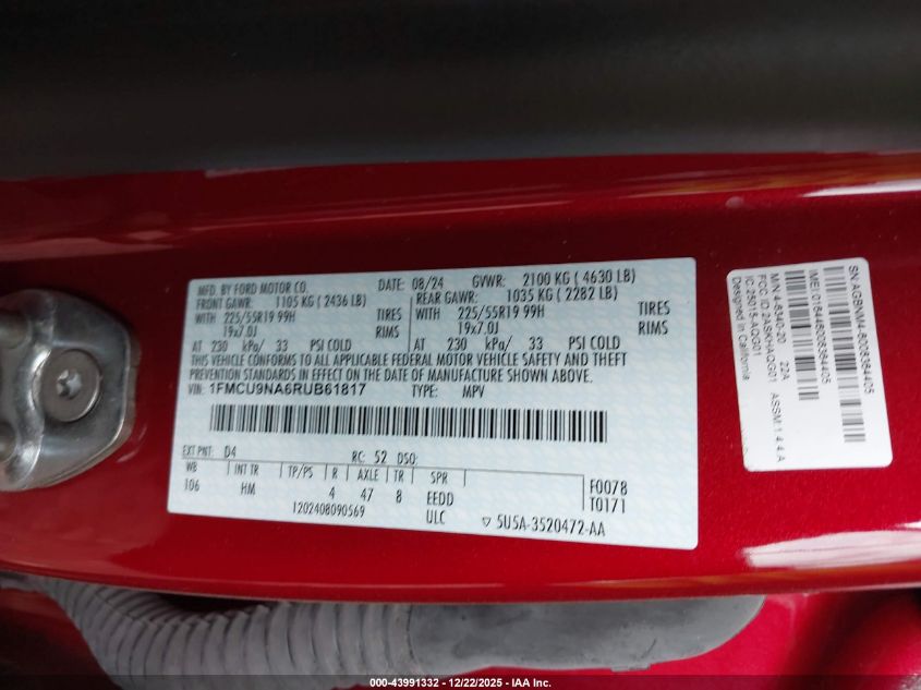 2024 Ford Escape St-Line Select VIN: 1FMCU9NA6RUB61817 Lot: 43991332