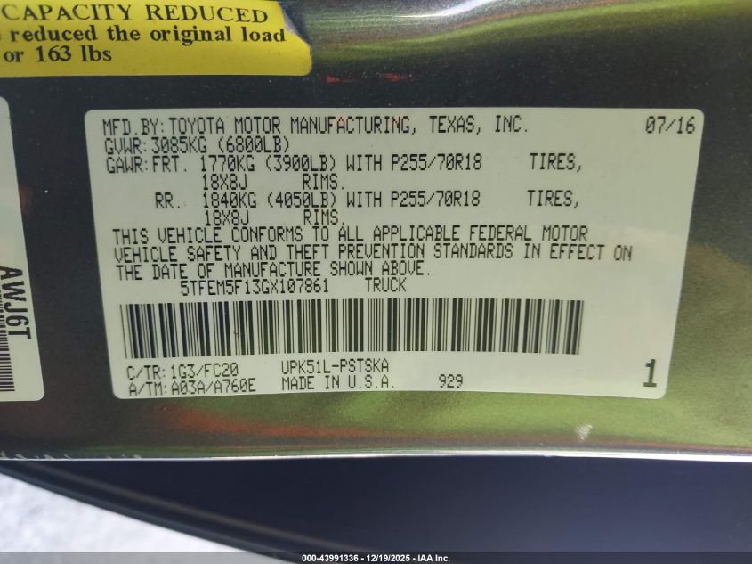 2016 Toyota Tundra Sr5 4.6L V8 VIN: 5TFEM5F13GX107861 Lot: 43991336