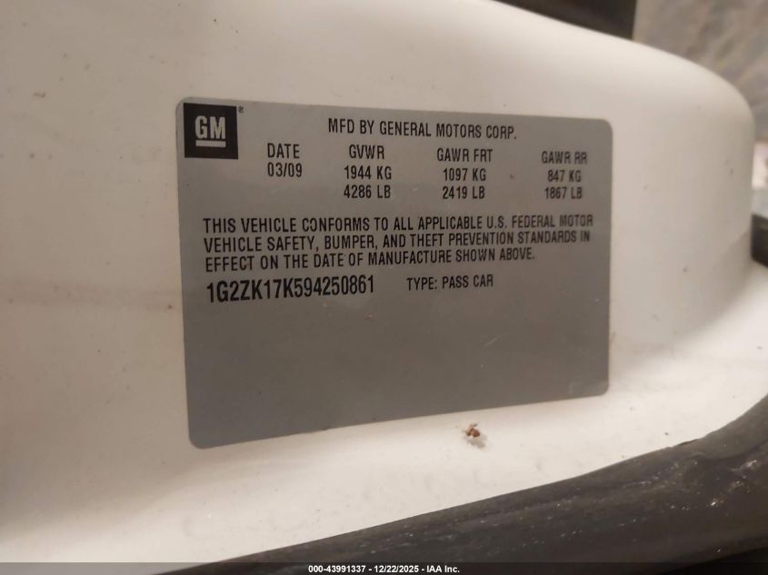 2009 Pontiac G6 New Gt VIN: 1G2ZK17K594250861 Lot: 43991337