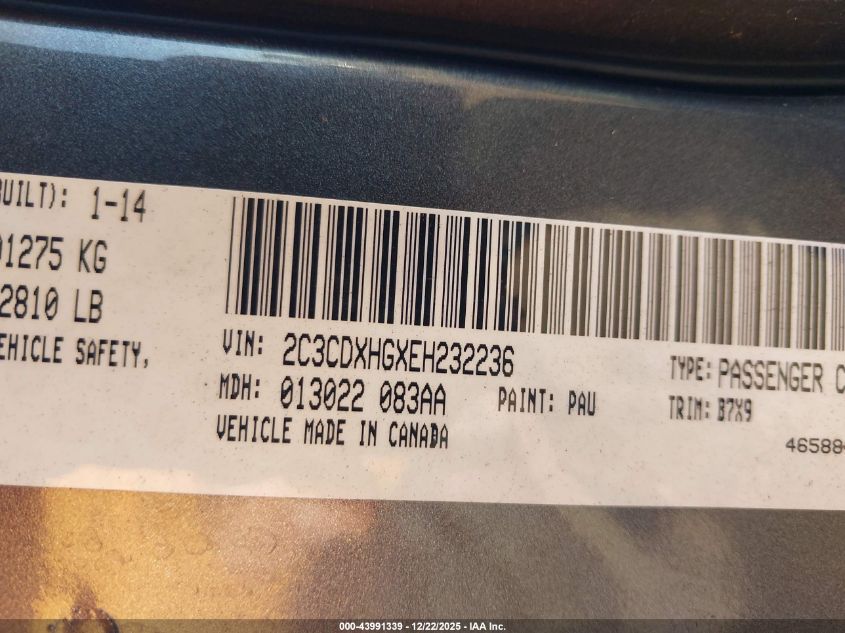 2014 Dodge Charger Sxt VIN: 2C3CDXHGXEH232236 Lot: 43991339