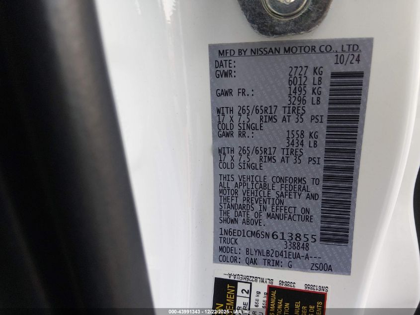 2025 Nissan Frontier King Cab Sv 4X4 VIN: 1N6ED1CM6SN613855 Lot: 43991343