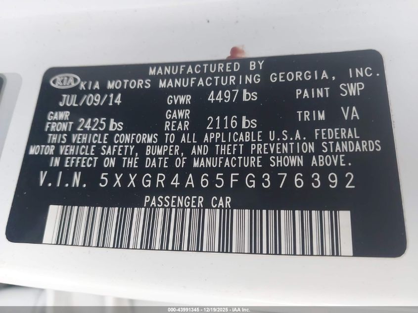 2015 Kia Optima Sx Turbo VIN: 5XXGR4A65FG376392 Lot: 43991345