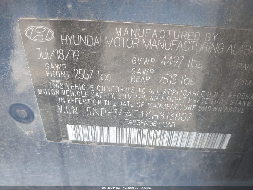 2019 Hyundai Sonata Sel VIN: 5NPE34AF4KH813807 Lot: 43991353