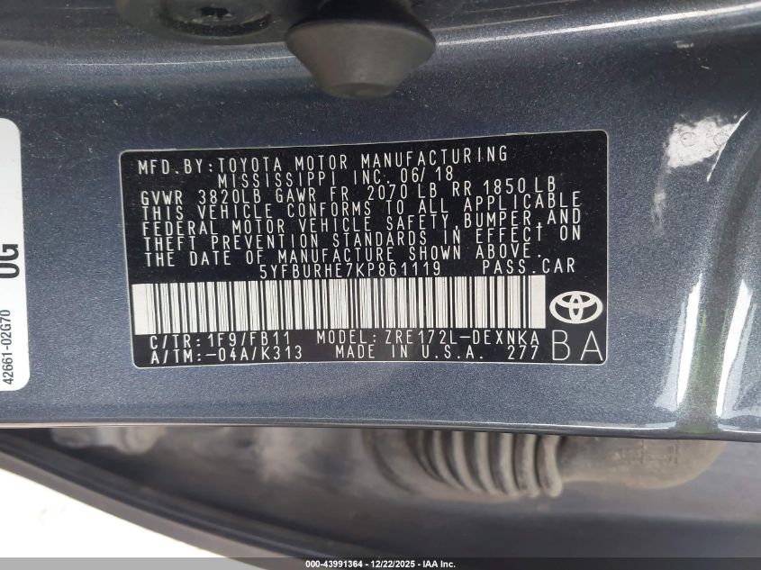 2019 Toyota Corolla Le VIN: 5YFBURHE7KP861119 Lot: 43991364