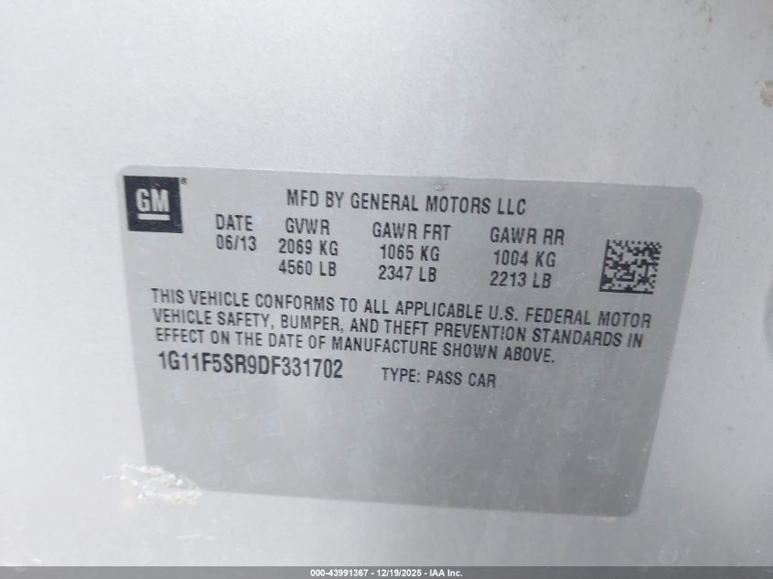 2013 Chevrolet Malibu Eco Premium Audio VIN: 1G11F5SR9DF331702 Lot: 43991367