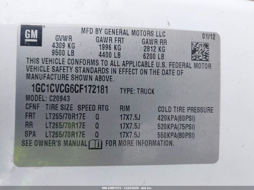 2012 Chevrolet Silverado 2500Hd Work Truck VIN: 1GC1CVCG6CF172181 Lot: 43991372