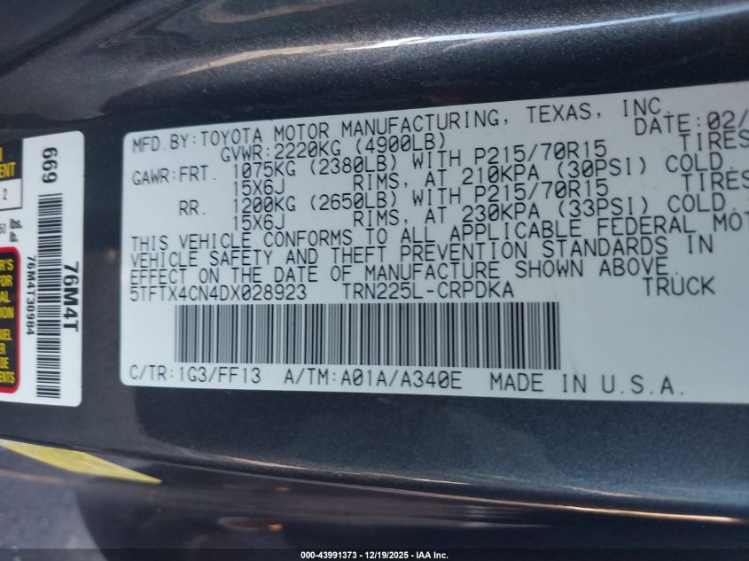 2013 Toyota Tacoma VIN: 5TFTX4CN4DX028923 Lot: 43991373