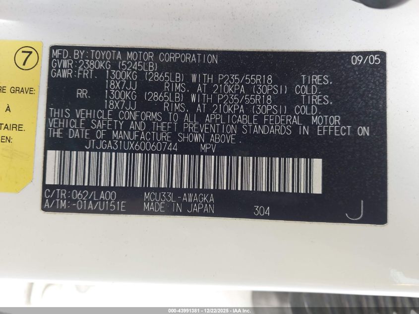 2006 Lexus Rx 330 VIN: JTJGA31UX60060744 Lot: 43991381