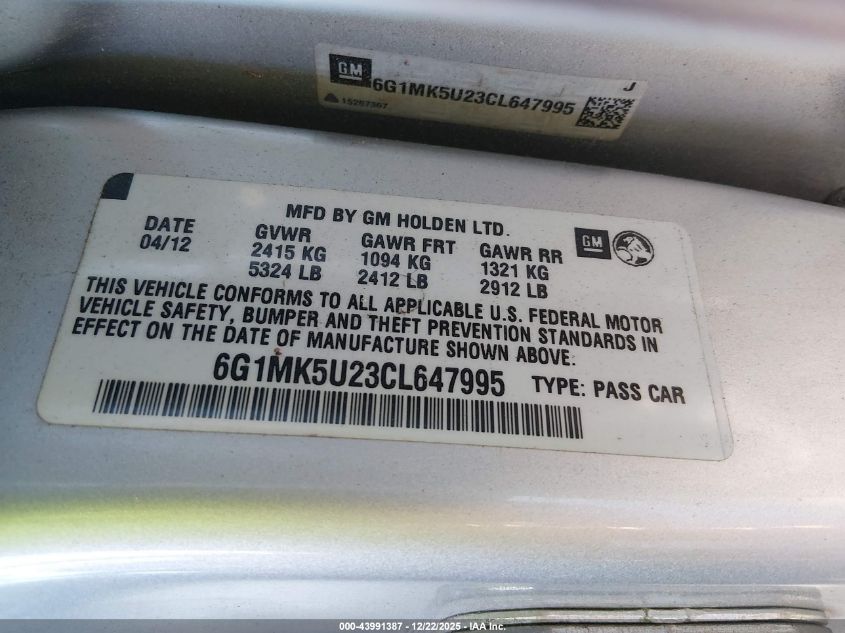 2012 Chevrolet Caprice Police VIN: 6G1MK5U23CL647995 Lot: 43991387