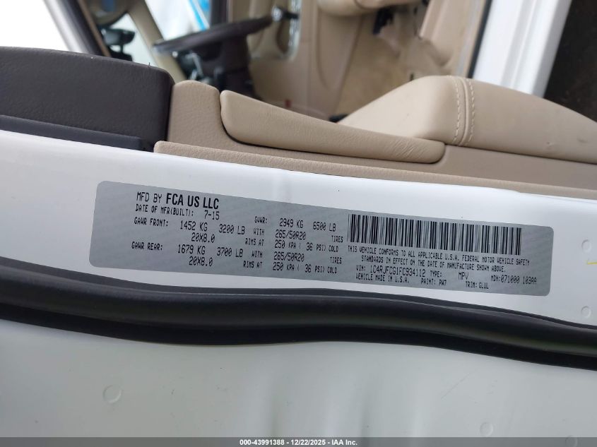 2015 Jeep Grand Cherokee Overland VIN: 1C4RJFCG1FC934112 Lot: 43991388