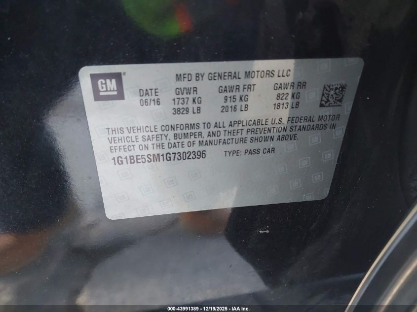 2016 Chevrolet Cruze Lt Auto VIN: 1G1BE5SM1G7302396 Lot: 43991389