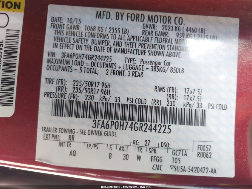 2016 Ford Fusion Se VIN: 3FA6P0H74GR244225 Lot: 43991392