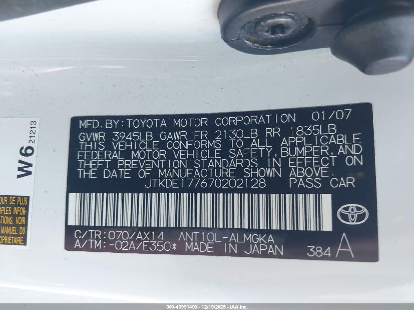 2007 Scion Tc VIN: JTKDE177670202128 Lot: 43991400