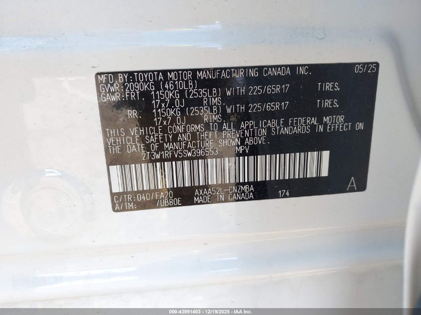 2025 Toyota Rav4 Xle VIN: 2T3W1RFV5SW396553 Lot: 43991403