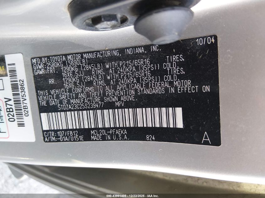 2005 Toyota Sienna Le VIN: 5TDZA23C25S239477 Lot: 43991405