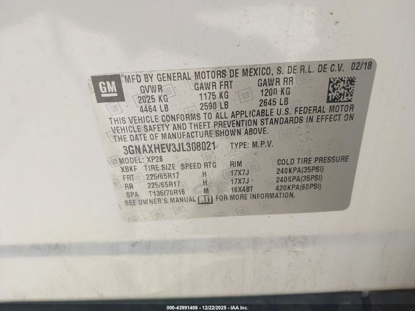 2018 Chevrolet Equinox Ls VIN: 3GNAXHEV3JL308021 Lot: 43991406