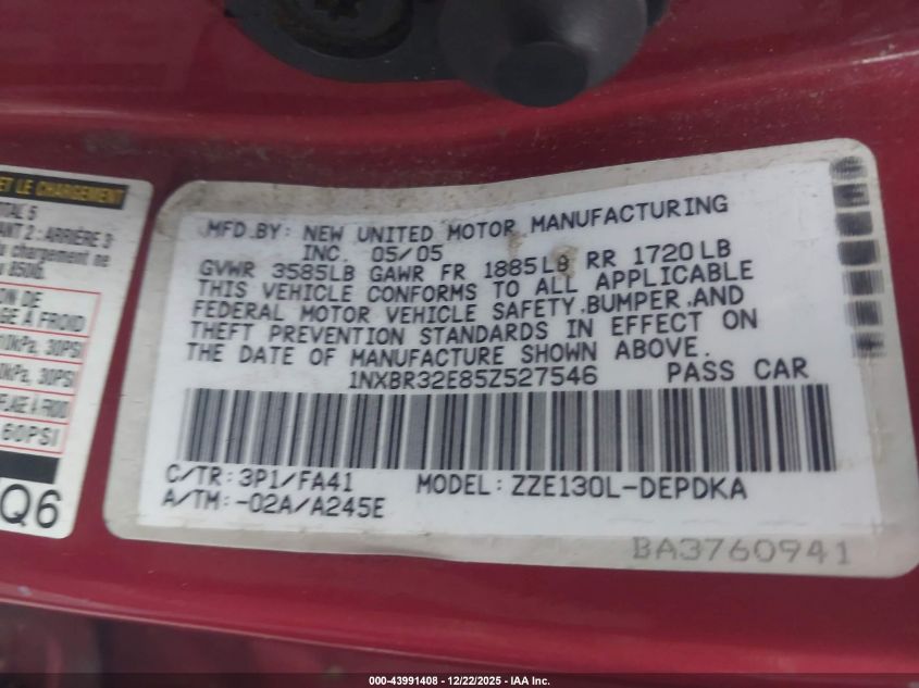 2005 Toyota Corolla Ce VIN: 1NXBR32E85Z527546 Lot: 43991408