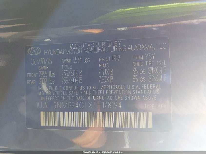 2026 Hyundai Santa Fe Sel VIN: 5NMP24GLXTH178194 Lot: 43991419