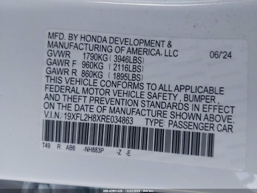 2024 Honda Civic Sport VIN: 19XFL2H8XRE034863 Lot: 43991426