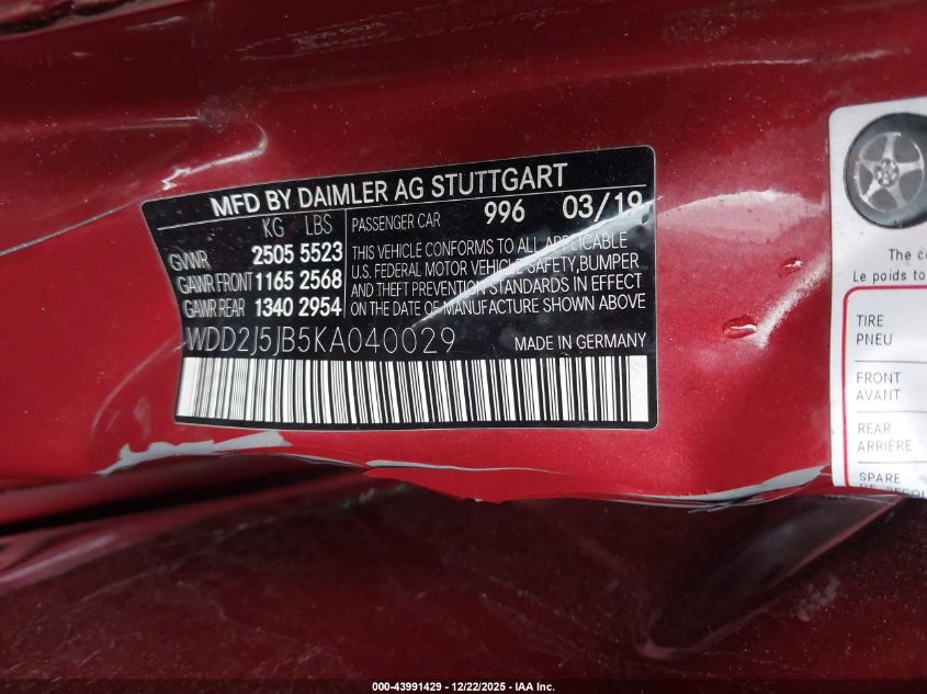 2019 Mercedes-Benz Cls 450 VIN: WDD2J5JB5KA040029 Lot: 43991429