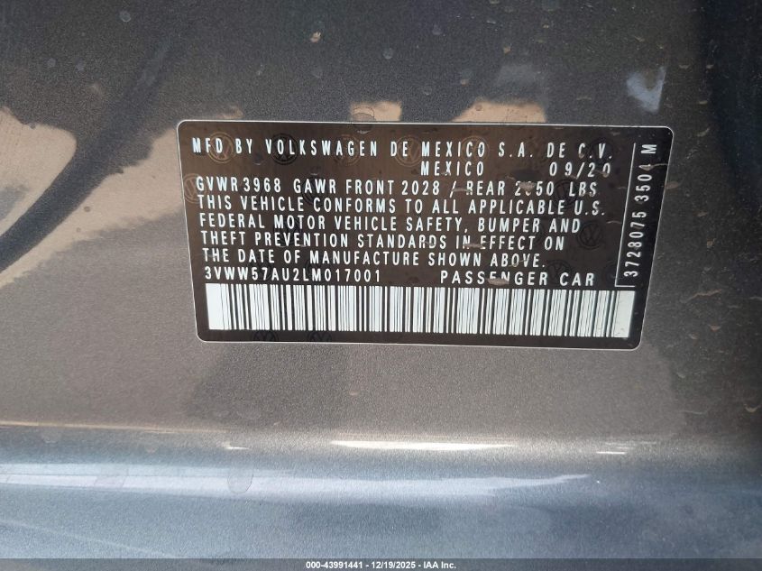 2020 Volkswagen Golf 1.4T Tsi VIN: 3VWW57AU2LM017001 Lot: 43991441