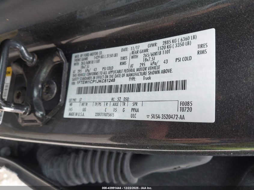 2018 Ford F-150 Xlt VIN: 1FTEW1CP1JKC81248 Lot: 43991444