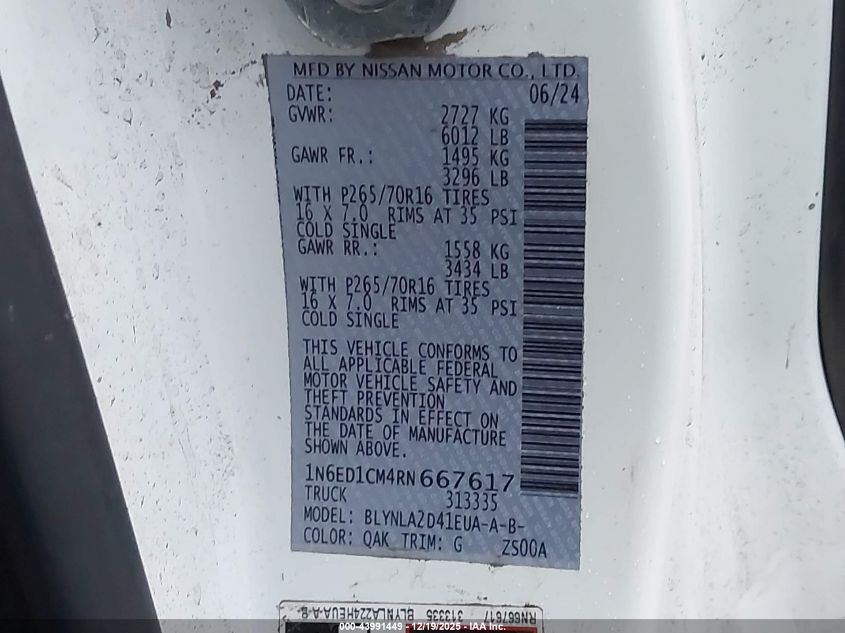 2024 Nissan Frontier King Cab S 4X4 VIN: 1N6ED1CM4RN667617 Lot: 43991449