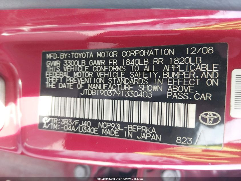 2009 Toyota Yaris VIN: JTDBT903791330403 Lot: 43991453