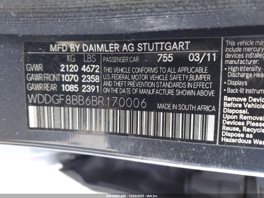 2011 Mercedes-Benz C 300 Luxury 4Matic/Sport 4Matic VIN: WDDGF8BB6BR170006 Lot: 43991466