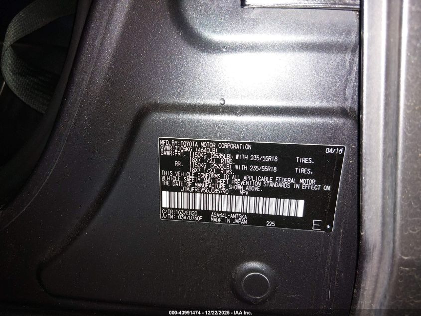 2016 Toyota Rav4 Se VIN: JTMJFREV5GJ085790 Lot: 43991474