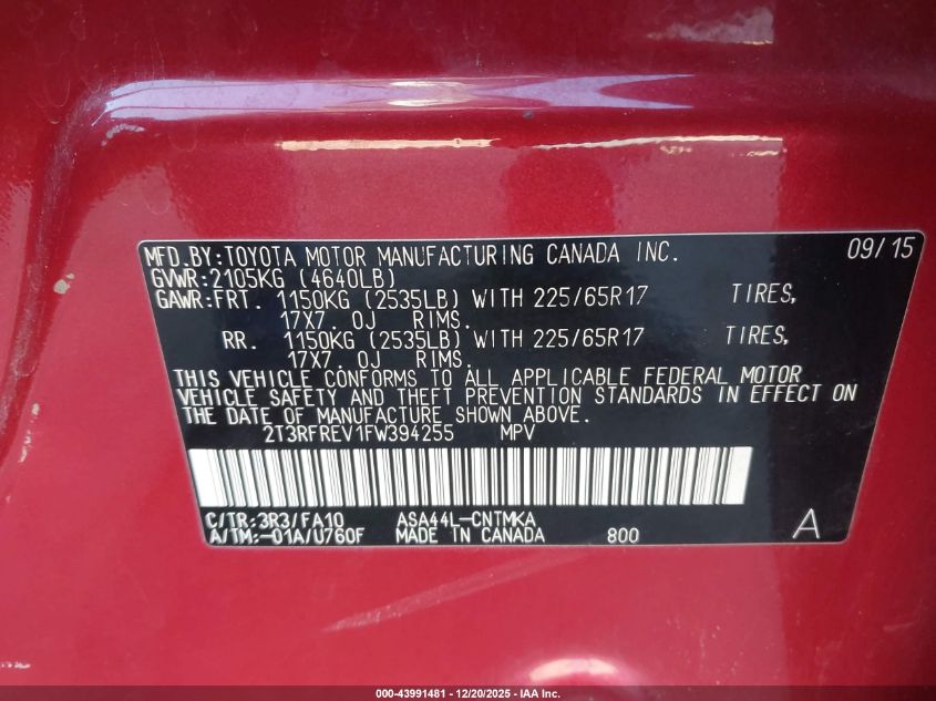 2015 Toyota Rav4 Xle VIN: 2T3RFREV1FW394255 Lot: 43991481