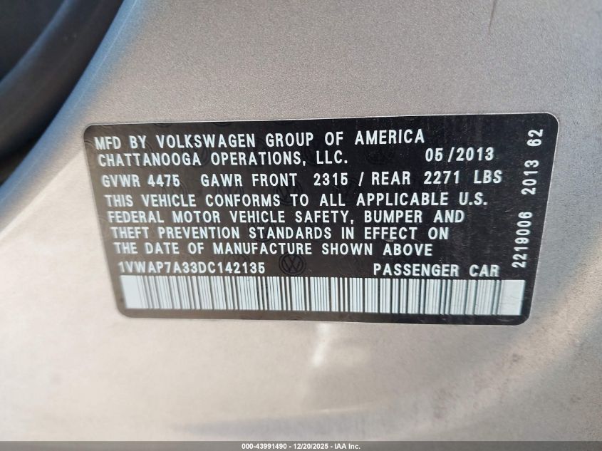2013 Volkswagen Passat 2.5L Wolfsburg Edition VIN: 1VWAP7A33DC142135 Lot: 43991490