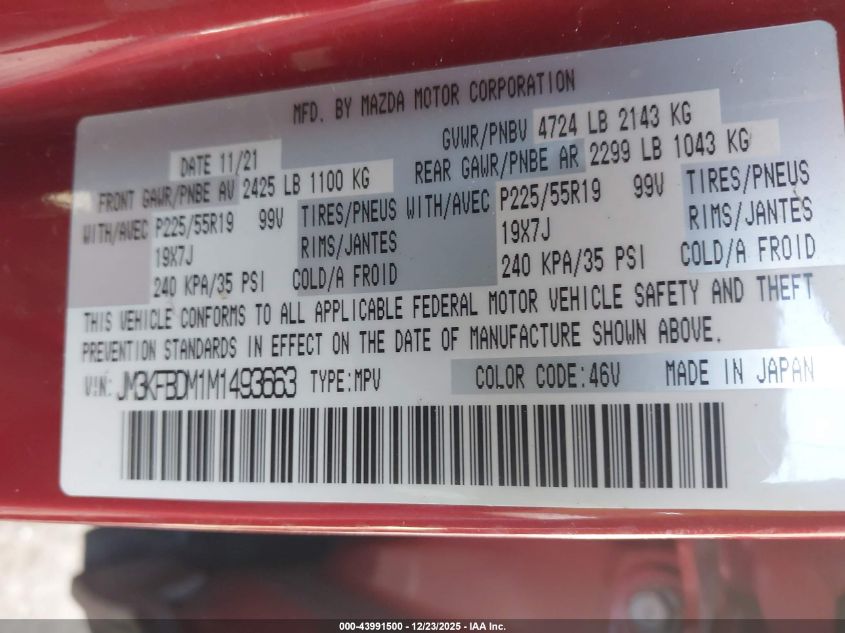2021 Mazda Cx-5 Grand Touring VIN: JM3KFBDM1M1493663 Lot: 43991500