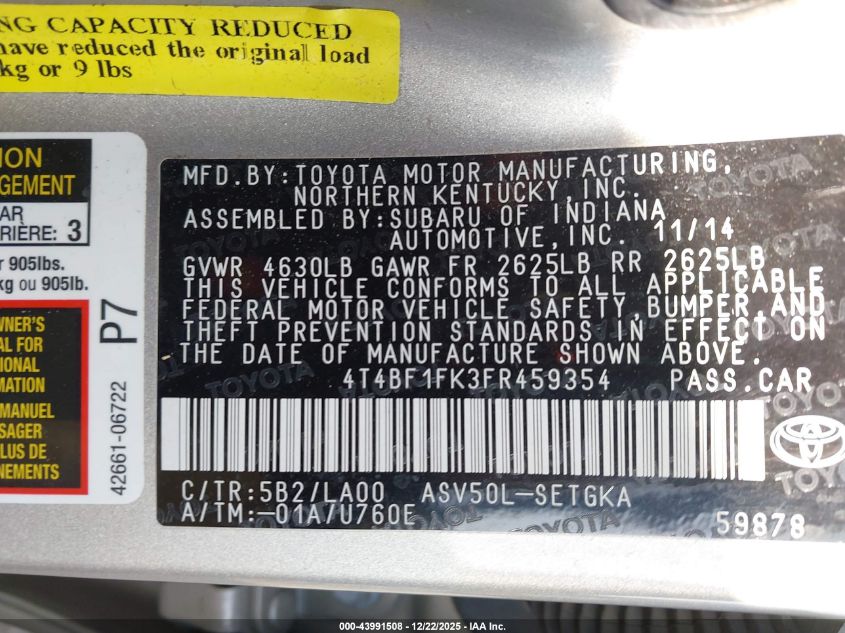 2015 Toyota Camry Xle VIN: 4T4BF1FK3FR459354 Lot: 43991508