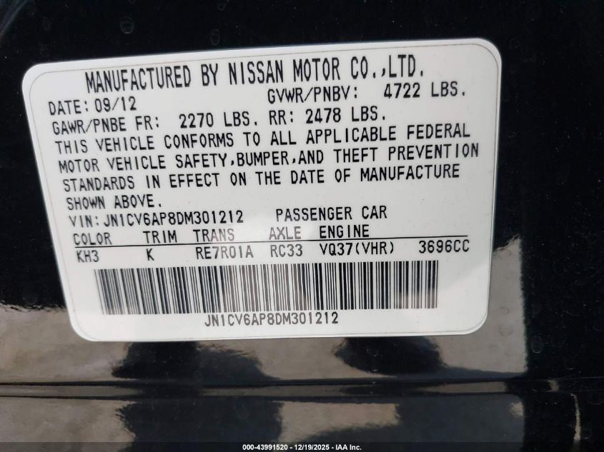 2013 Infiniti G37 Journey VIN: JN1CV6AP8DM301212 Lot: 43991520