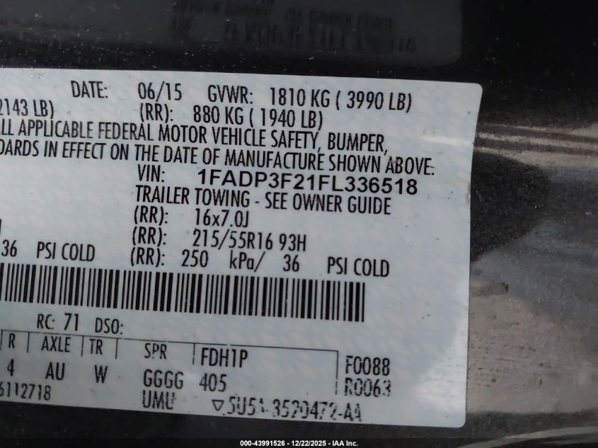 2015 Ford Focus Se VIN: 1FADP3F21FL336518 Lot: 43991526