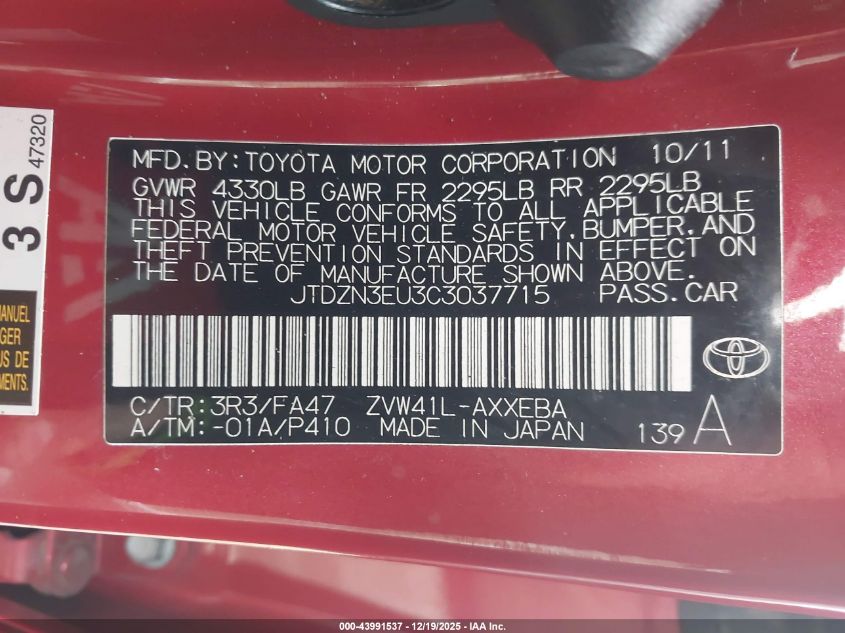 2012 Toyota Prius V Three VIN: JTDZN3EU3C3037715 Lot: 43991537