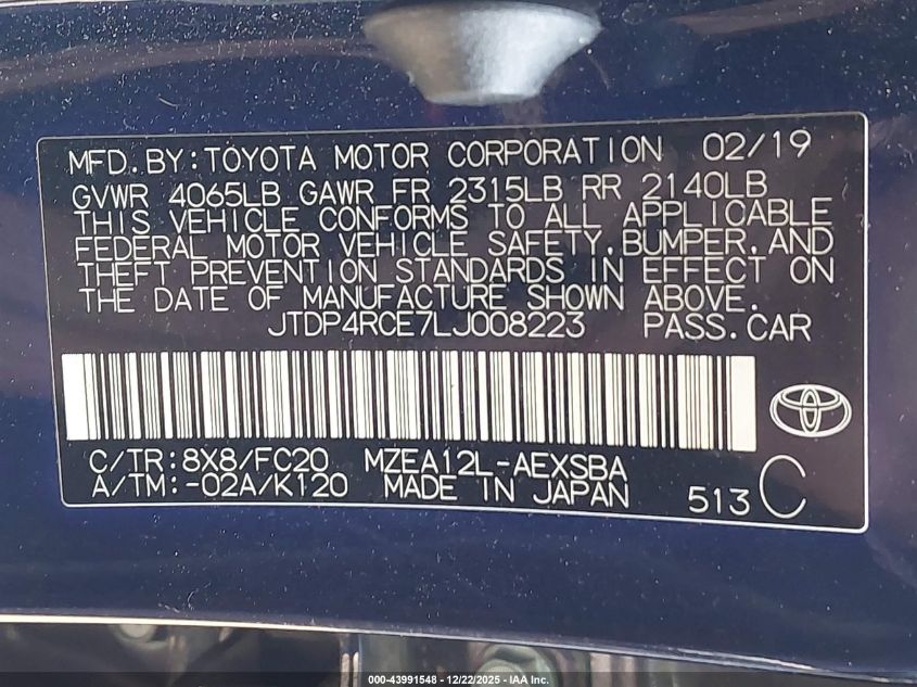 2020 Toyota Corolla Se VIN: JTDP4RCE7LJ008223 Lot: 43991548